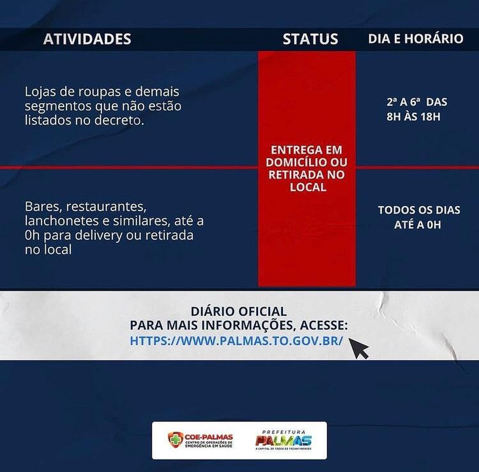 Lojas de roupas poderão abrir para retirada no local ou entrega a domicílio — Foto: Divulgação/Prefeitura de Palmas