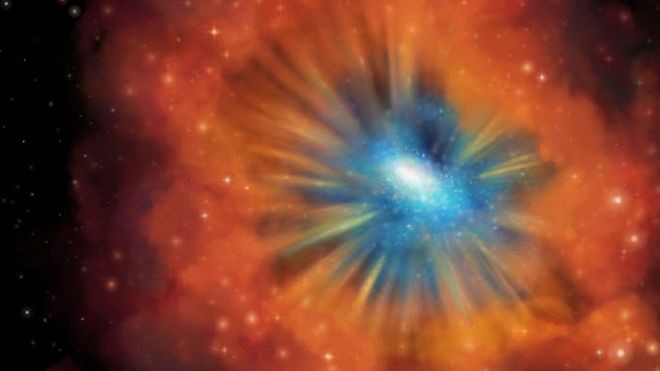 Ilustração de uma galáxia com o quasar em seu centro, cercado pela poeira (Foto: MICHELLE VIGEANT UNIVERSITY OF KANSAS)
