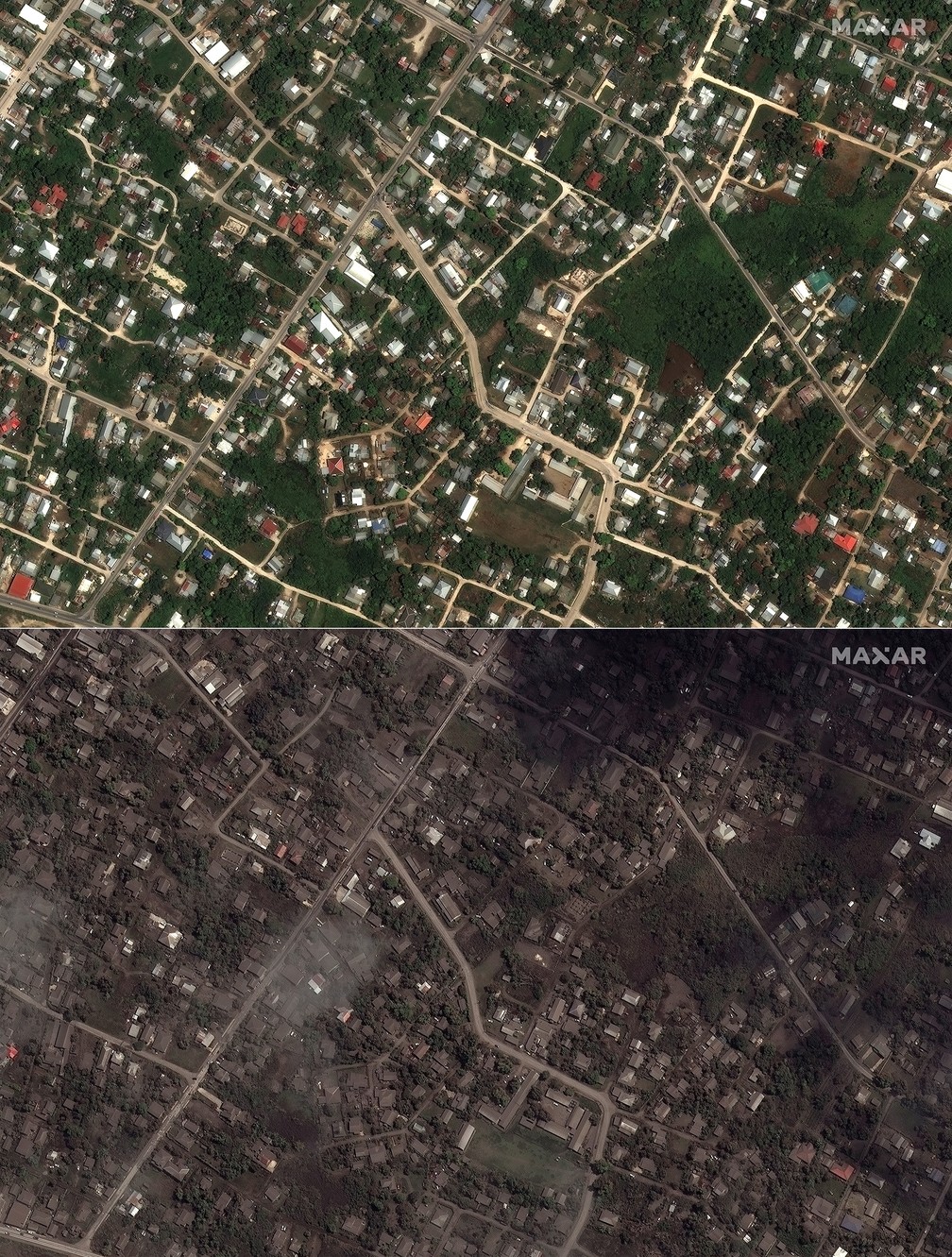 Combinação de imagens de satélite mostra casas e edifícios em Tonga, em 29 de dezembro de 2021 (acima) e em 18 de janeiro de 2022 (abaixo), antes e depois da erupção do vulcão submarino Hunga Tonga-Hunga Ha'apai — Foto: Maxar Technologies via AP
