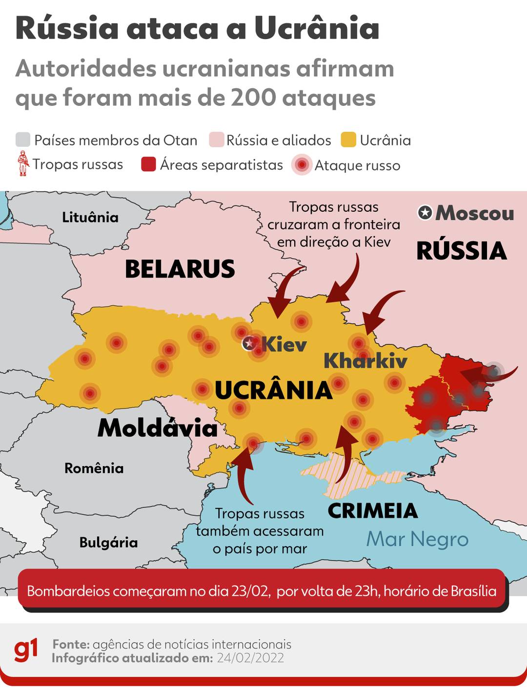 Mapa da Ucrânia mostra locais que foram atacados pela Rússia