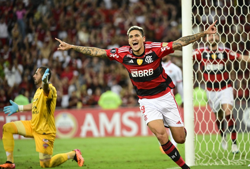 Pedro festeja em Flamengo x &Ntilde;ublense &mdash; Foto: Andr&eacute; Dur&atilde;o