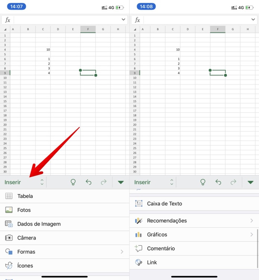 Inserindo tabelas, fotos e gráficos na planilha no celular — Foto: Reprodução/Helito Beggiora