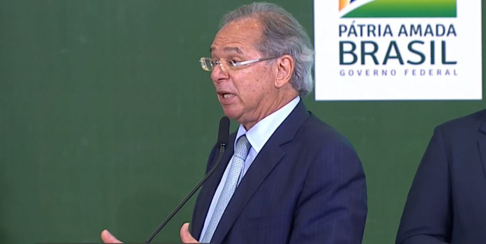 Ministro da Economia, Paulo Guedes, nesta segunda (25) durante o lançamento do Programa Nacional de Crescimento Verde. — Foto: Reprodução/GloboNews
