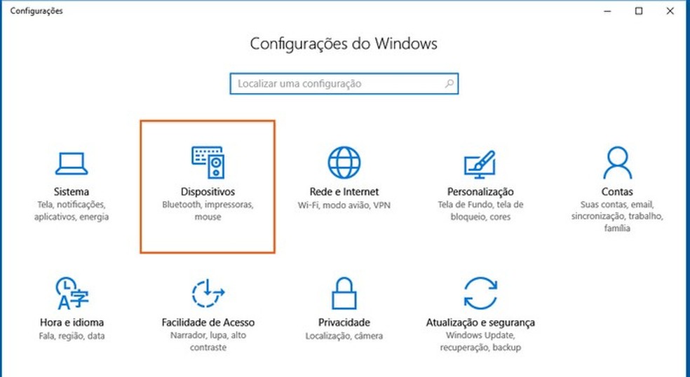 Acesse a categoria de dispositivos no Windows 10 — Foto: Reprodução/Barbara Mannara