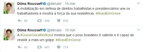 A ex-presidente Dilma Rousseff usou as redes sociais para manifestar apoio à greve geral (Foto: Reprodução/Twitter)