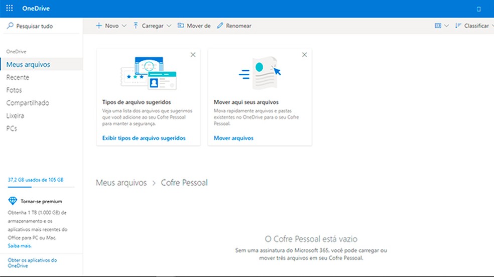 Cofre Pessoal armazena arquivos com mais segurança no OneDrive — Foto: Reprodução/Caroline Doms