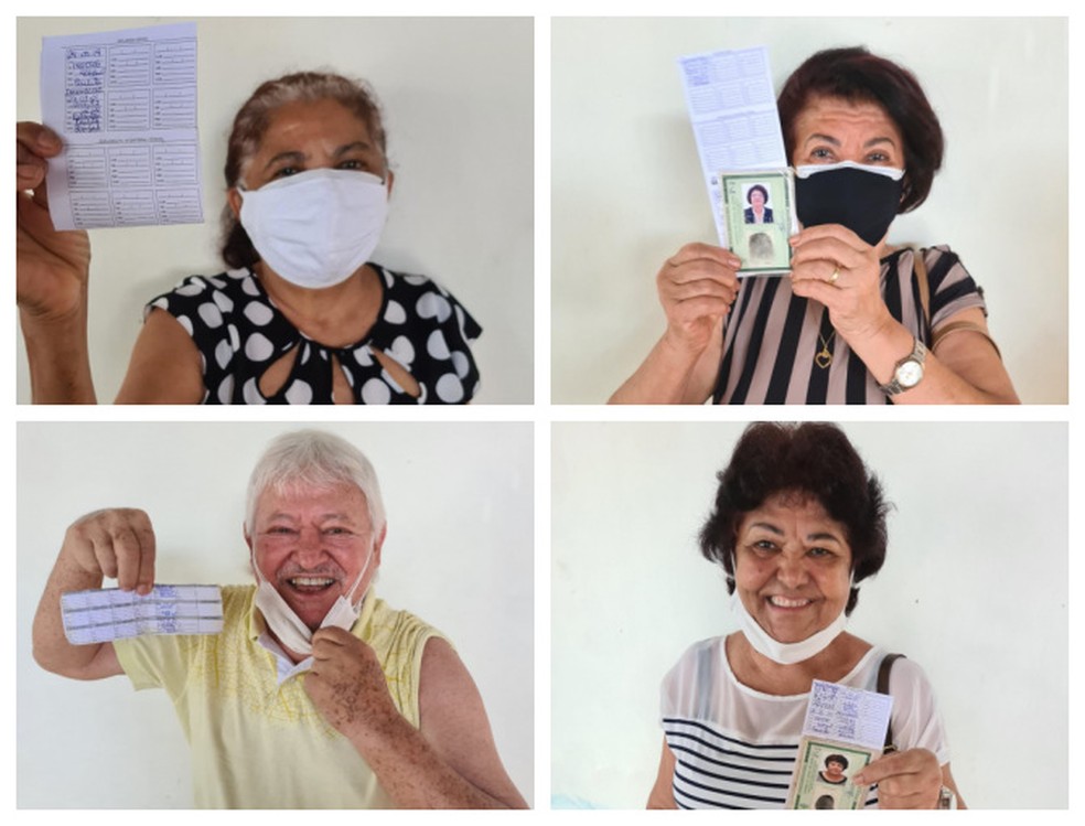 Milton Emmerich, a esposa Joselina Francisco e duas irmãs da idosa, Maria Pedrocília e Maria das Mercês Francisco foram vacinados — Foto: Montagem G1