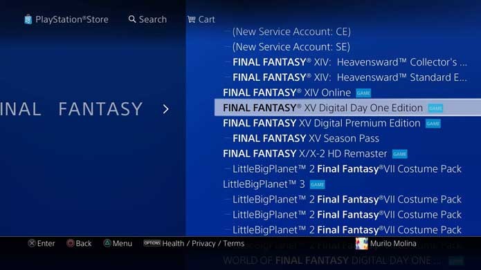Busque o Final Fantasy XV na loja do PlayStation 4 (Foto: Reprodução/Murilo Molina)