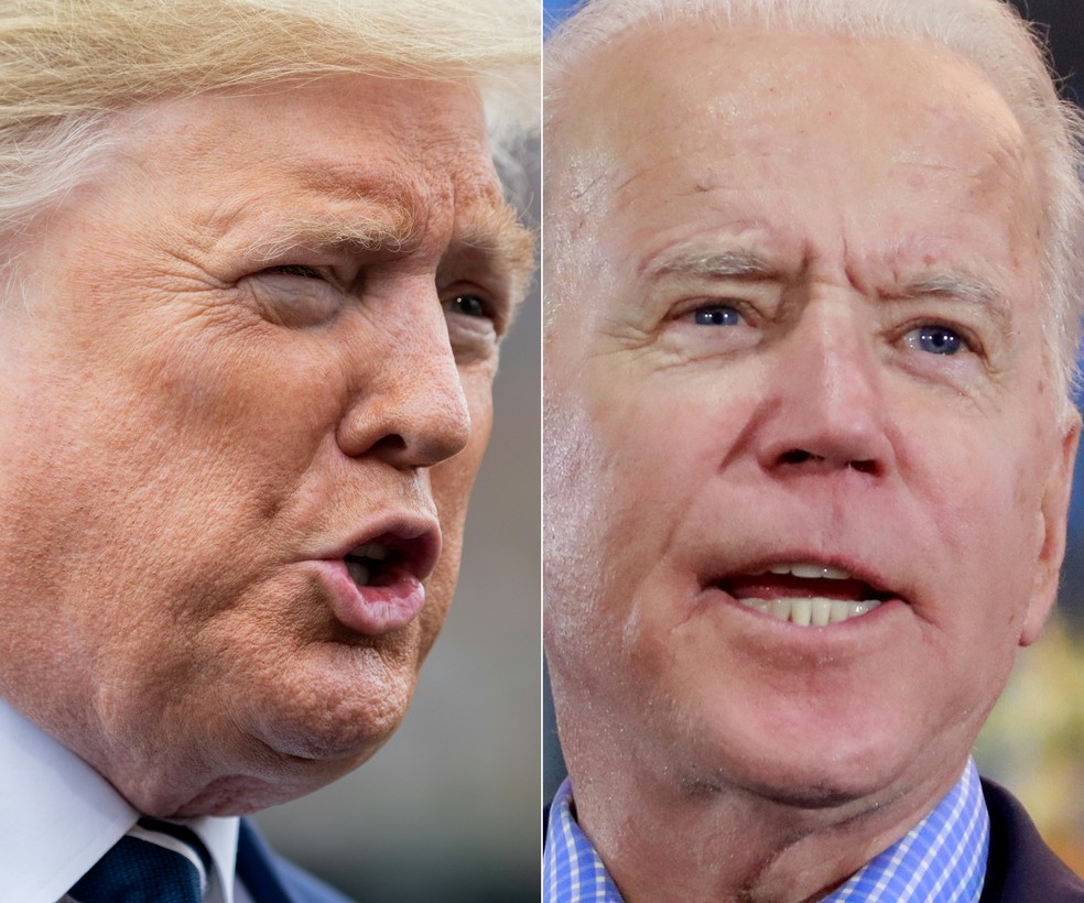 Donald Trump e Joe Biden disputam elei&ccedil;&otilde;es nos EUA &mdash; Foto: Saul Loeb, Ronda Churchill/AFP