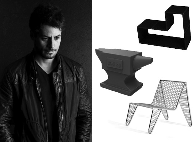 O designer Zanini de Zanine e algumas de suas criações: Peça Módulo 7, banco Bigorna e cadeira Moeda (Foto: Divulgação)