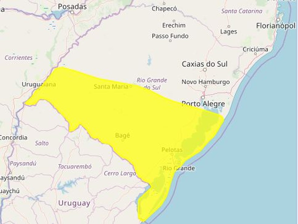 Inmet alerta para chance de tempestade na região que vai da Campanha gaúcha até o Litoral Sul — Foto: Reprodução/Inmet 