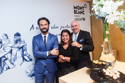 Rodrigo Santoro, embaixador na Montblanc, Daniela Falcão, diretora geral da EGCN, e Alain dos Santos, diretor geral da marca no Brasil