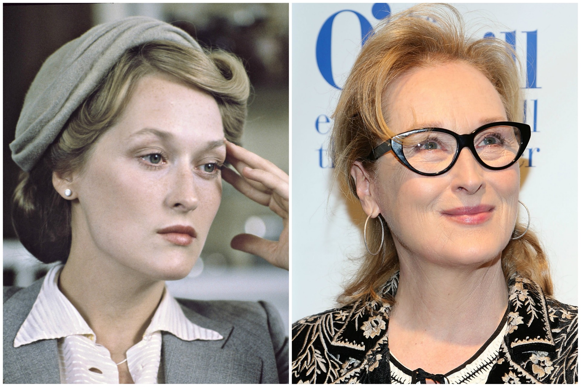 A atriz Meryl Streep na minissérie 'Holocausto' (1978), quando ela tinha de 28 para 29 anos (à esq.), e hoje, com 64. (Foto: Divulgação e Getty Images)