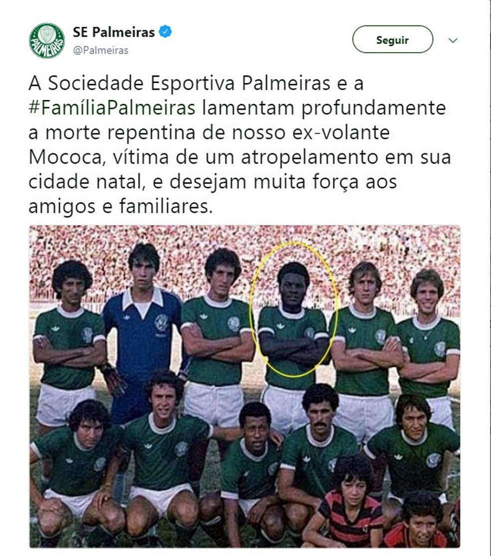 Palmeiras lamentou a morte de Mococa nas redes sociais (Foto: ReproduÃ§Ã£o/Twitter)