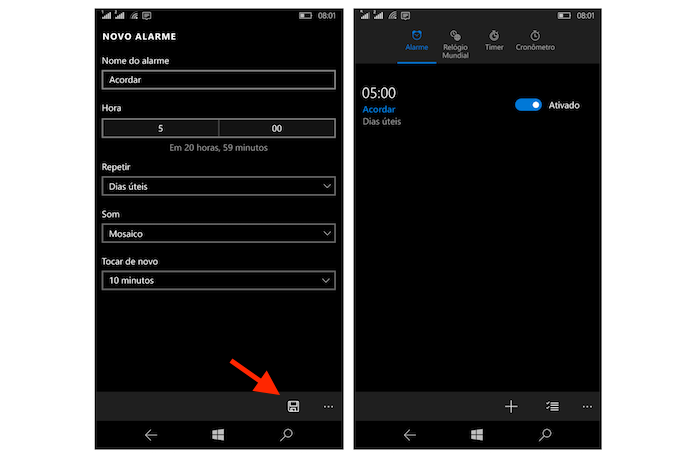 Finalizando a configuração de um novo alarme no Windows 10 Mobile (Foto: Reprodução/Marvin Costa)