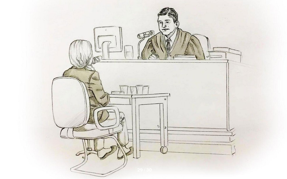 Ilustração mostra Elize Matsunaga respondendo a perguntas do juiz (Foto: Roberta Jaworski/Editoria de Arte/G1)