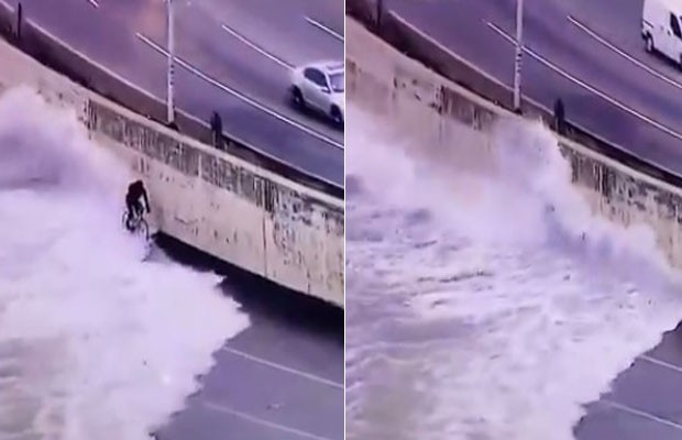 Vídeo mostra ciclista sendo engolido por onda do Lago Michigan, nos EUA (Foto: reprodução/twitter)