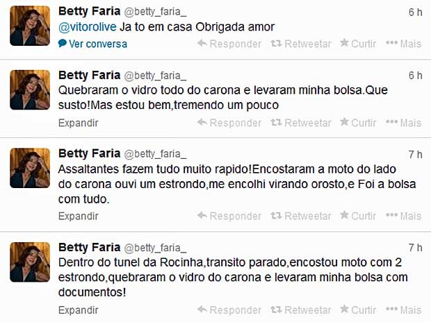 Relato de Betty Faria no Twitter. (Foto: Reprodução / Twitter / Betty Faria)