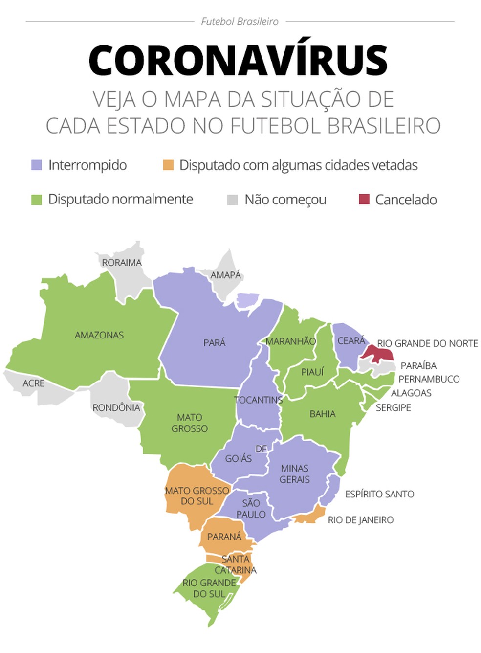 Mapa mostra a situação de cada estado no futebol brasileiro — Foto: Infografia