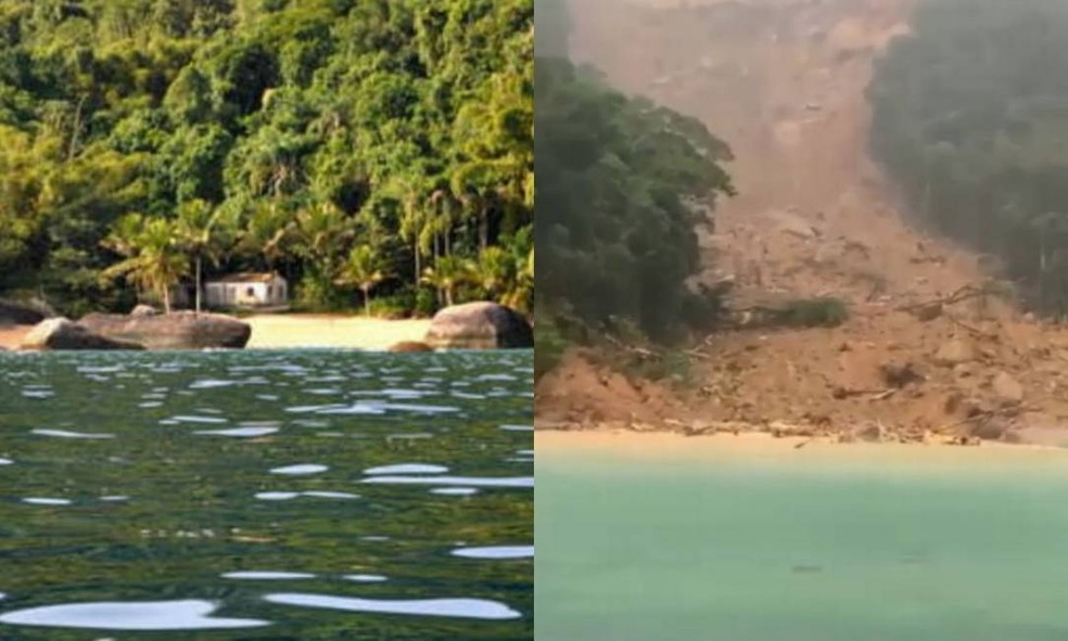 Praia de Itaguaçu, na Ilha Grande, antes e depois do deslizamento  — Foto: Reprodução/Redes sociais