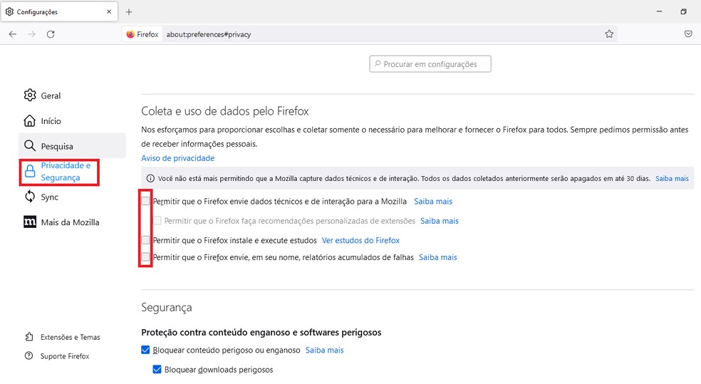 Gerencie os dados que o Firefox pode coletar para garantir uma maior privacidade de navegação — Foto: Reprodução/Juliana Campos