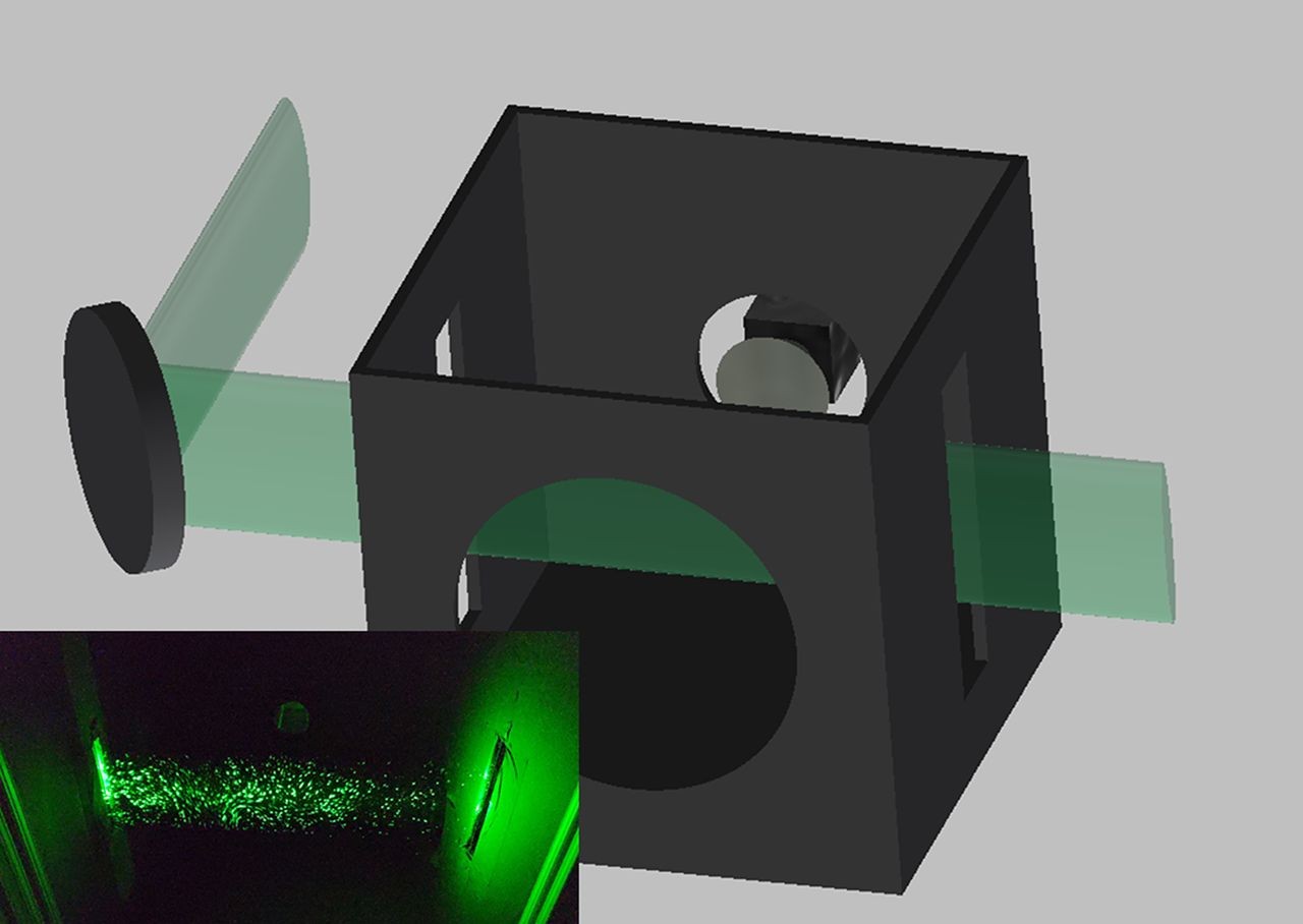 No dispositivo desenvolvido por cientistas da Duke University, um feixe de laser é expandido verticalmente por meio de lentes cilíndricas e passa pelas ranhuras da caixa.  A câmera está localizada na parte inferior do case e um orifício para o alto-falante está localizado na frente.  O encarte mostra a dispersão de partículas de água pulverizadas por um spray.  (Foto: Martin Fischer, Duke University)