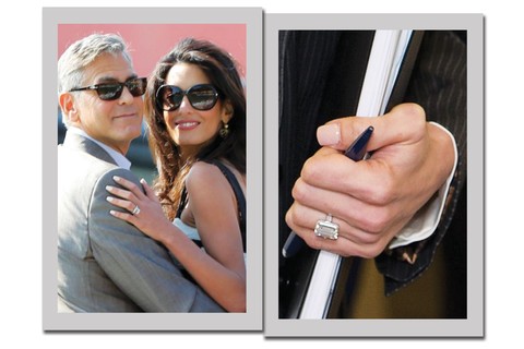Ao assumir o noivado, George Clooney presenteou Amal com uma aliança de platina, coroada com um diamante de sete quilates. O  anel tem custou £450 mil
