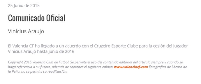 Valencia confirma o empréstimo de Vinícius Araújo (Foto: Reprodução / Site Oficial do Valencia)