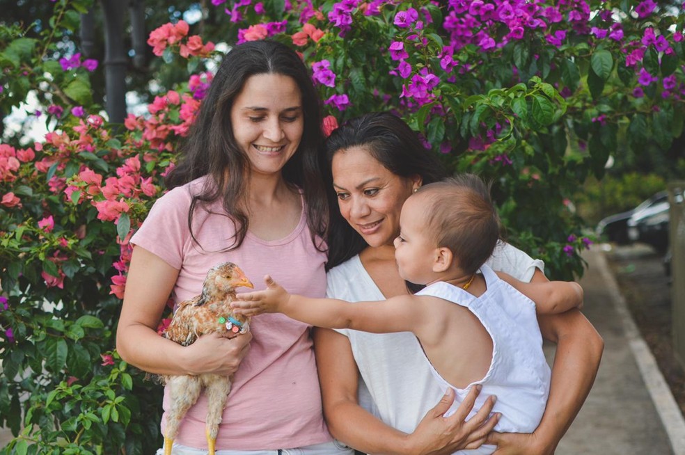 Além do 'franguinho' de estimação, Ben tem duas mamães — Foto: Amanda Moraes Fotografia/Divulgação