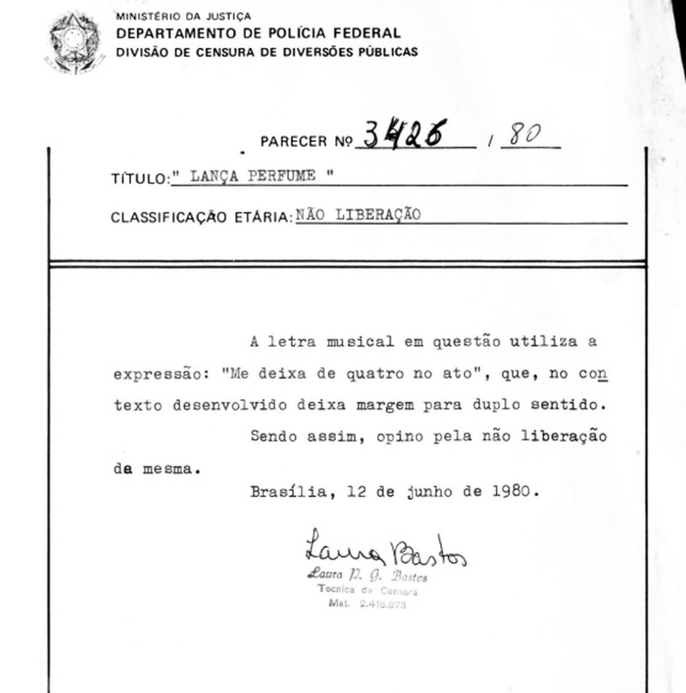 Em parecer de 1980, censora Laura Bastos recomenda veto à música "Lança perfume", de Rita Lee — Foto: Arquivo Nacional