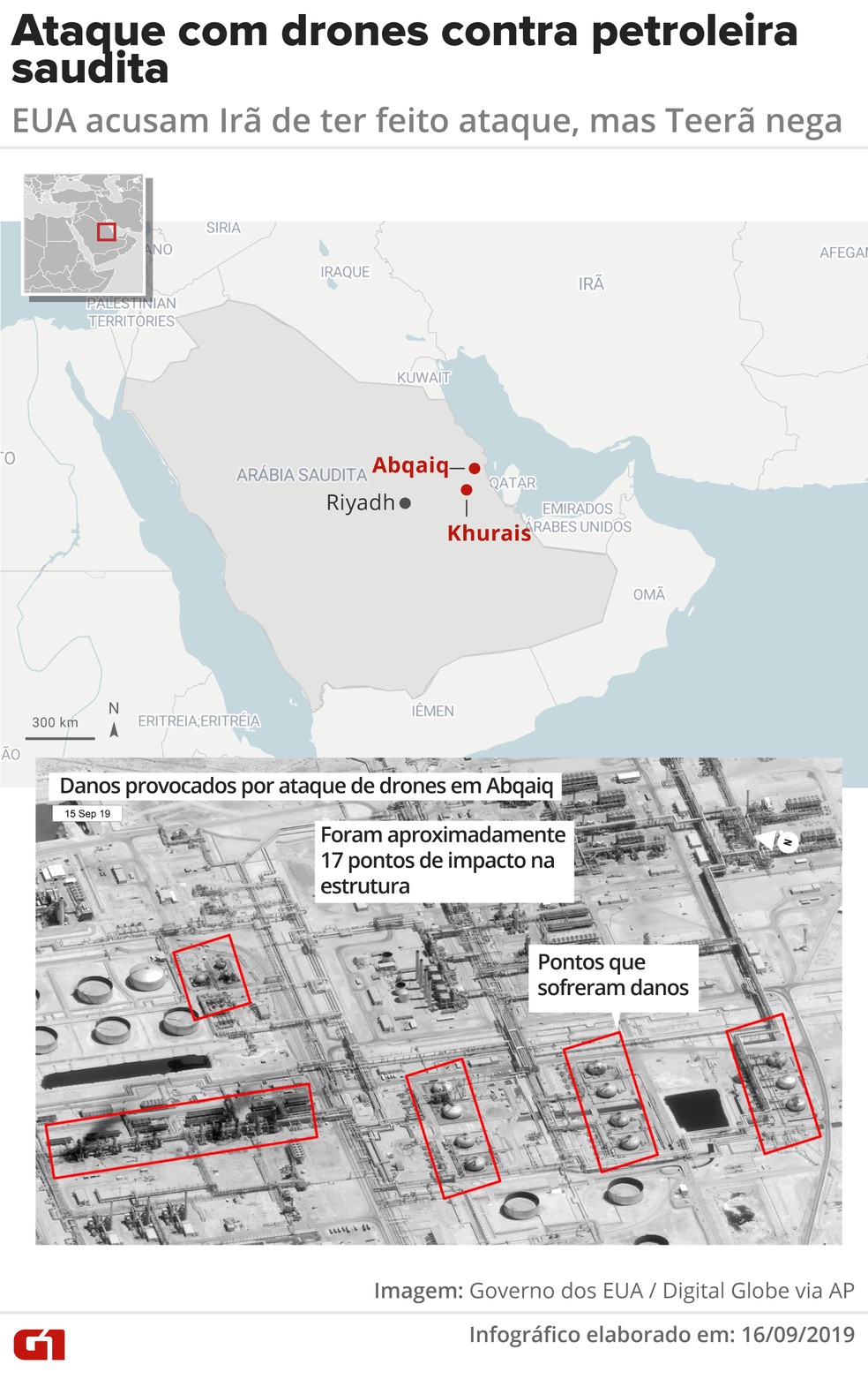Ataque com drones contra instalações da petroleira saudita Aramco — Foto: Juliane Monteiro/ G1