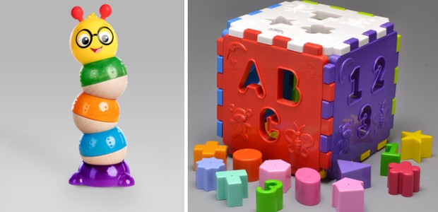 À esquerda, bolinhas de empilhar Balancing Cal da Baby Einstein (R$ 139,90) e, à direita, Cubo Didático da Merco Toys (R$ 38,90) na Alo Bebê (Foto: Divulgação)