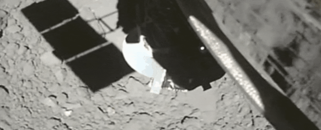 O momento em que a sonda Hayabusa toca o solo do asteroide (Foto: Divulgação/JAXA)