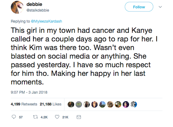 O relato no qual é revelado que Kanye West cantou para uma garotinha com câncer terminal (Foto: Twitter)