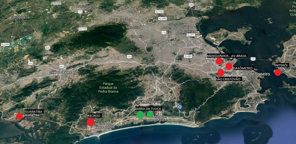 Em vermelho, alguns terrenos que o Fla estudou e jÃ¡ descartou. Na Barra, ainda hÃ¡ trÃªs possibilidades â Foto: ReproduÃ§Ã£o Google Maps