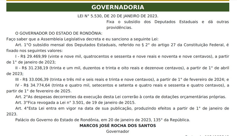 Reajuste de subsídios dos deputados em Rondônia foi publicado no Diário Oficial — Foto: Reprodução