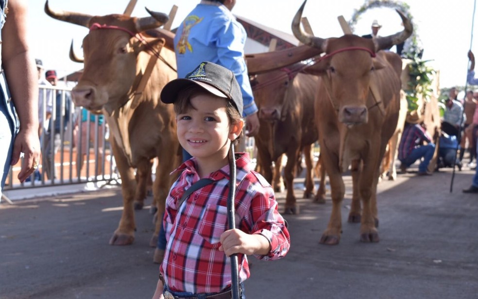 Arthur, de 2 anos, acompanha a famlia no desfile de carros de boi em Trindade (Foto: Vitor Santana/ G1)