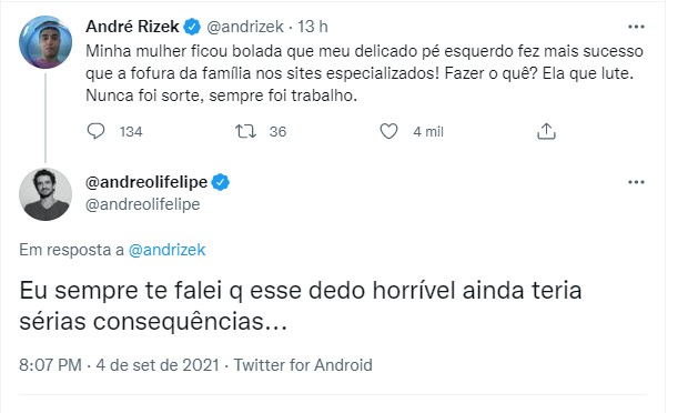 André Rizek brinca com repercussão de dedão; Felipe Andreoli comenta (Foto: Reprodução/Twitter)