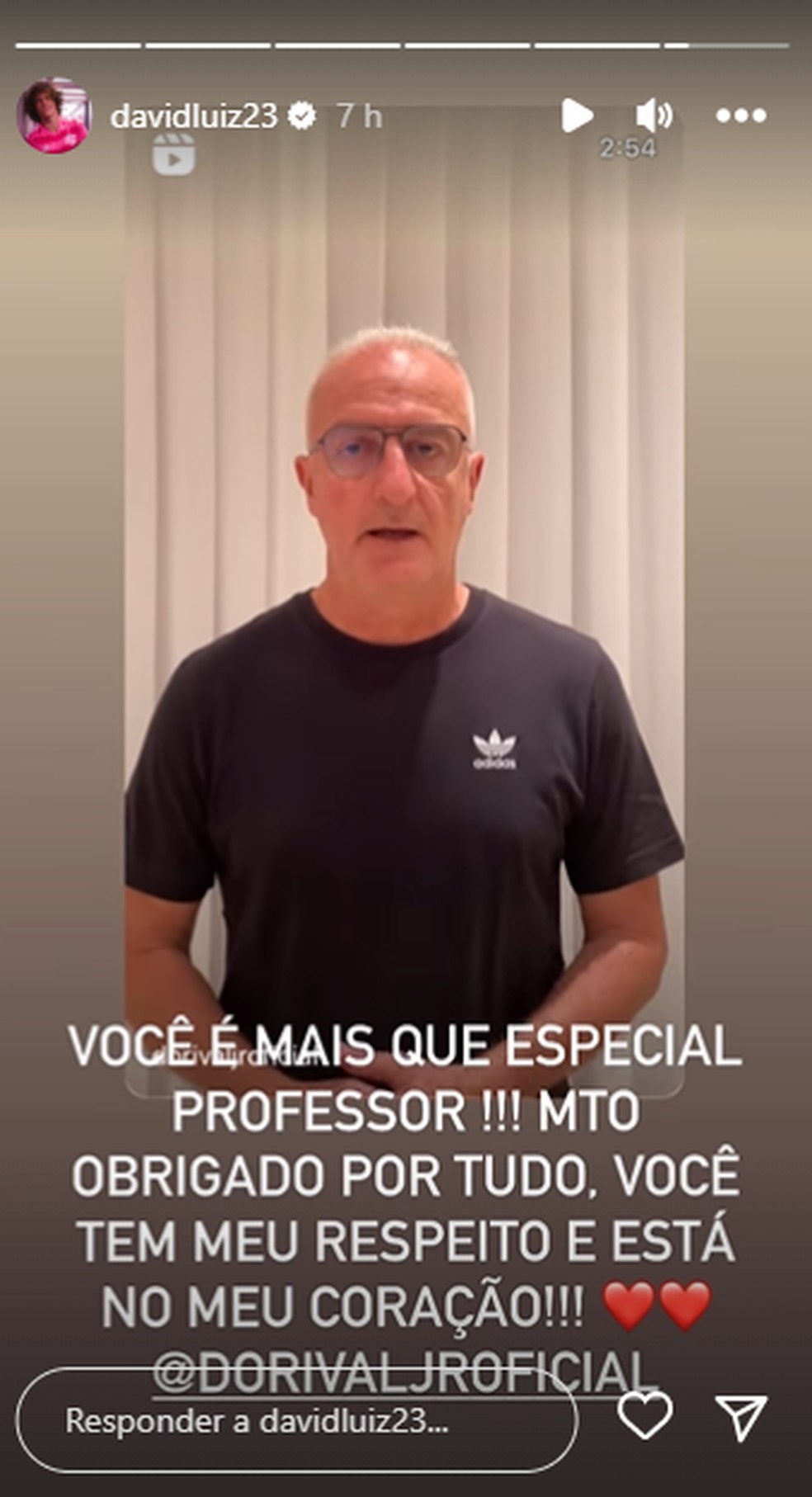 David Luiz reposta vídeo de Dorival e se despede do treinador do Flamengo — Foto: Reprodução