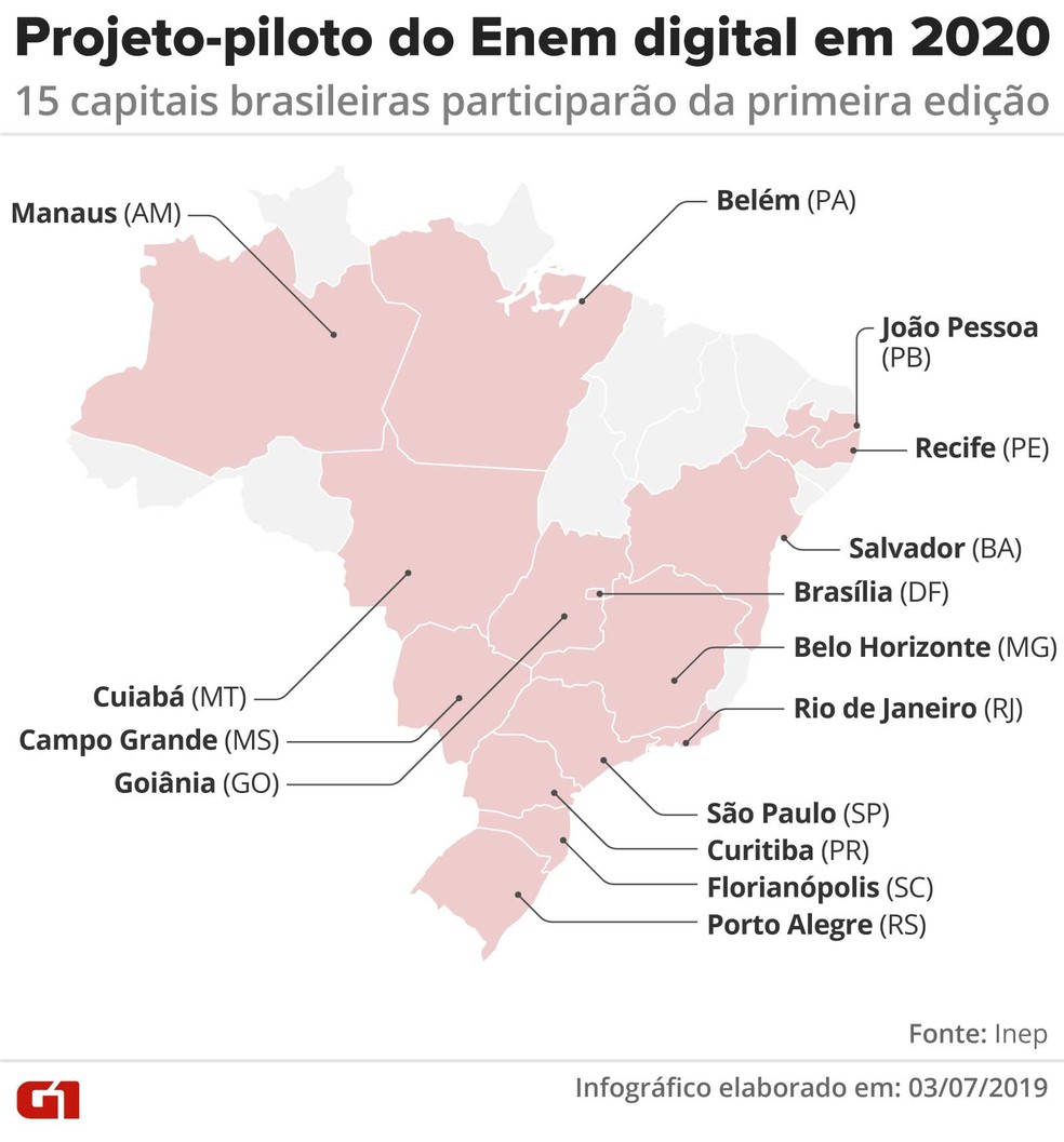 Mapa mostra as 15 capitais brasileiras que participaração da primeira edição do Enem digital, em 2020, em projeto-piloto — Foto: Rodrigo Sanches/G1