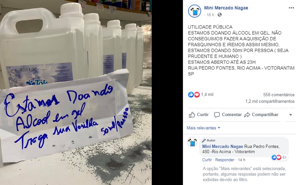 Mercado de Votorantim viralizou nas redes sociais após doação de álcool em gel   Foto: Reprodução/Facebook