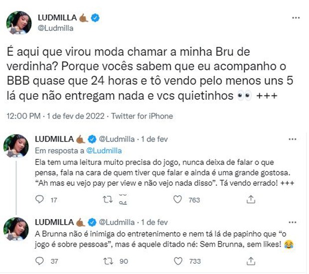 Ludmilla fala sobre Brunna Gonlaçves no BBB22 (Foto: Reprodução / Twitter)