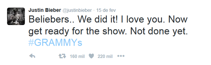 Justin Bieber agradece aos fãs: Nós conseguimos! Eu amo vocês.  (Foto: Reprodução internet)