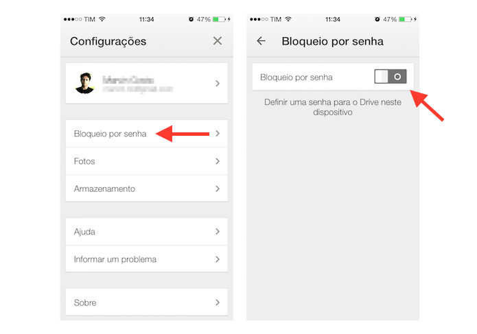 Ativando o bloqueio por senha do Google Drive para iPhone (Foto: Reprodução/Marvin Costa)