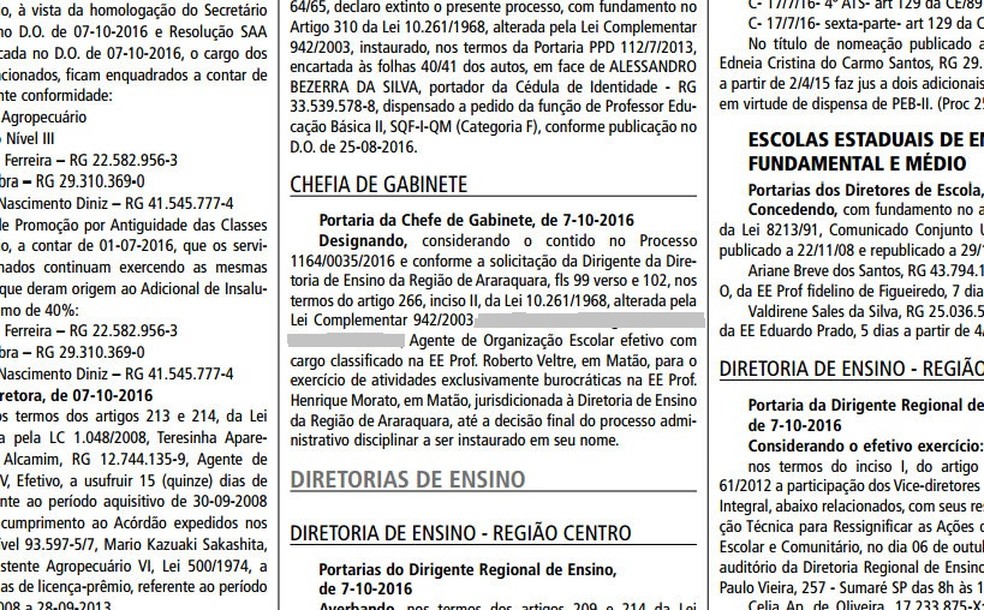 Homem foi transferido de escola durante as investigações (Foto: Reprodução/Diário Oficial)