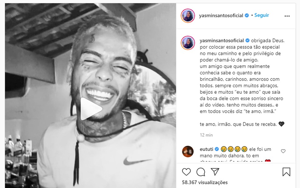 Mensagem da cantora Yasmin Santos em homenagem a MC Kevin neste domingo (16) — Foto: Reprodução/Instagram/Yasmin Santos