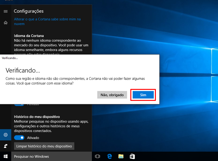 Clique em sim no aviso do Windows 10 para reativar a Cortana (Foto: Reprodução/Elson de Souza)