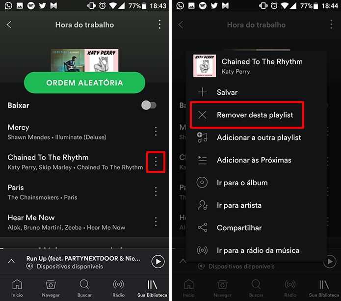 Toque na opção destacada para remover música da playlist do Spotify (Foto: Reprodução/Elson de Souza)