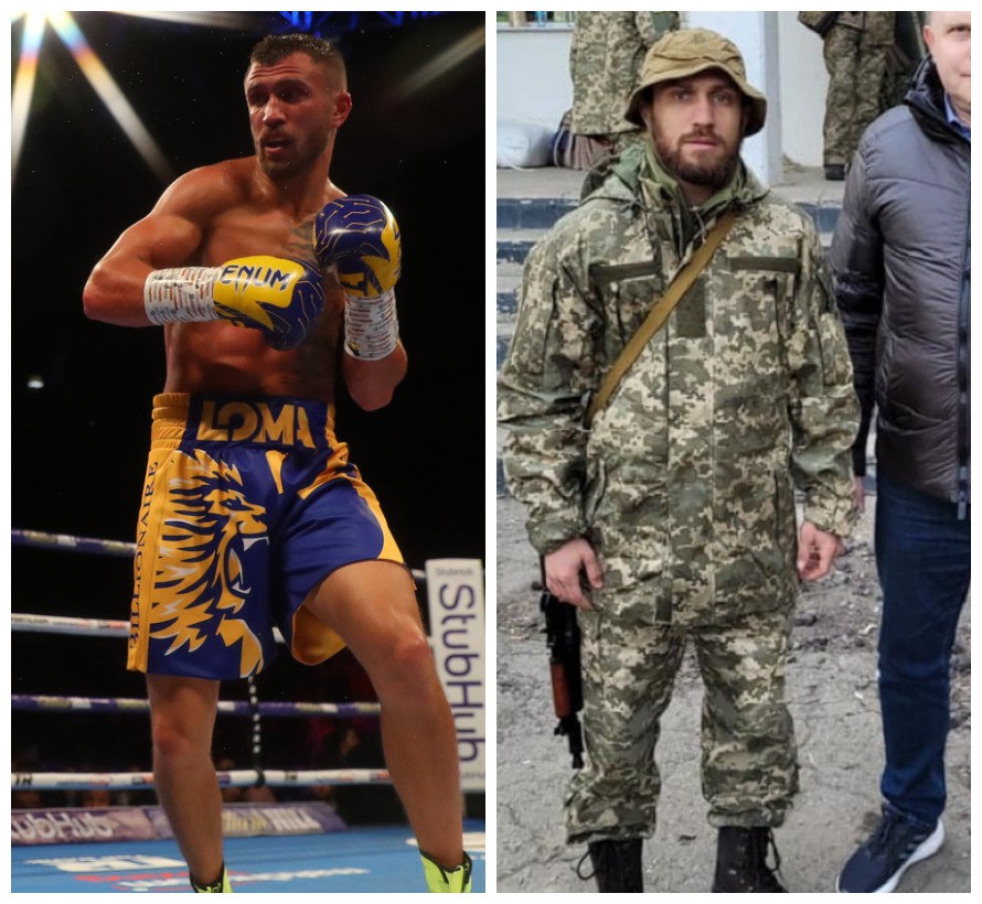 Vasiliy Lomachenko em luta de boxe e com o uniforme do exército da Ucrânia (Foto: Getty Images/Facebook)