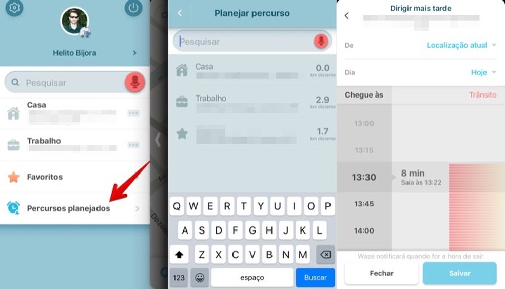 Configurando um percurso planejado no Waze (Foto: Reprodução/Helito Bijora)
